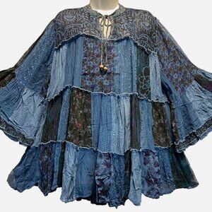 Nw FUNKY STUFF patch boho tiered babydoll sheer chiffon viscose TOP 1X